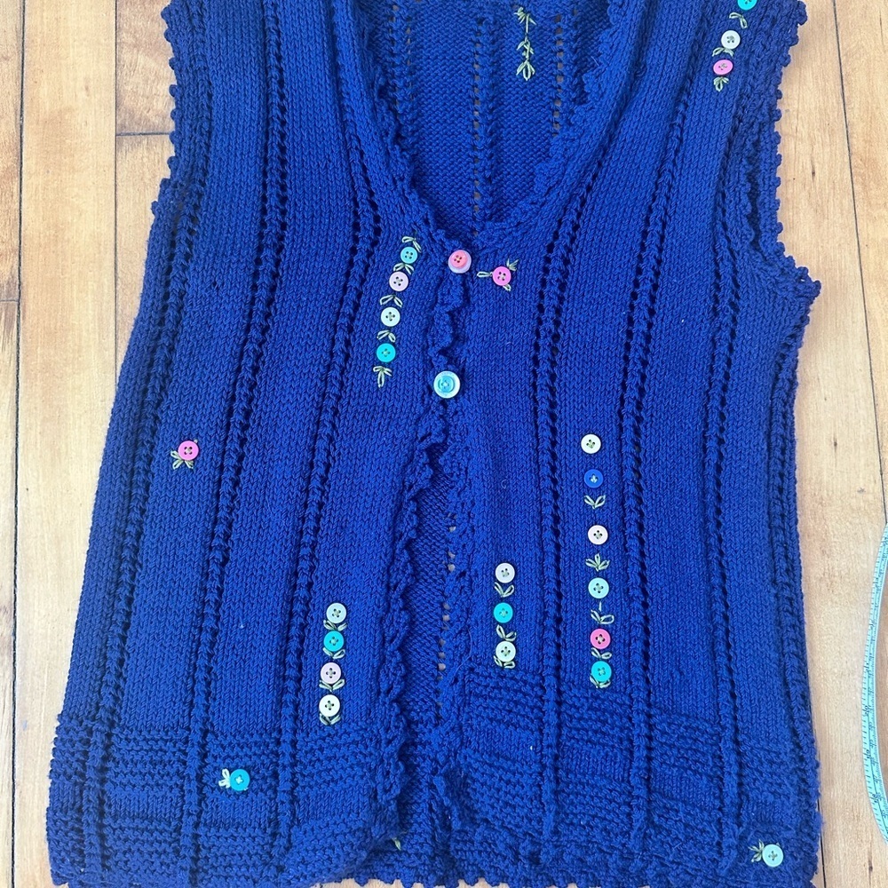 Artisan Handmade Navy Blue Knit Vest with Multicolor Buttons & Floral Details